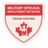 A red on light pink seal with red maple leaf and outline of military personnel within. Text reads "Military Spousal Employment Network". "Proud Partner"