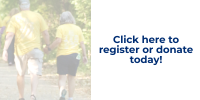 Two people wearing yellow hike for hospice t-shirts walking outdoors in the opposite direction as the camera. The blue text on the left reads: Click here to register or donate today!