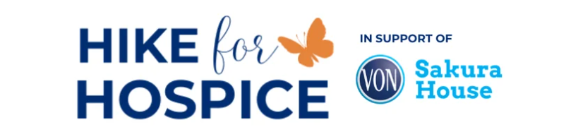 Hike for Hospice to support Sakura House main graphic. Includes a shoe print outline, an orange butterfly and the VON pin logo.