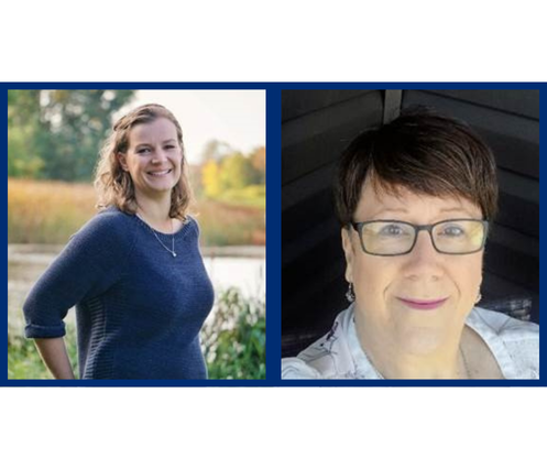 Headshot of Sherry and Vanessa with a dark blue border