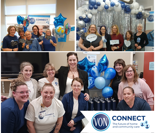 A collage of various staff celebrating with blue, silver and white balloons. The VON Connect logo is in the bottom right corner which includes the VON blue pin logo and three circles on the right that have silhouette of client, practitioner and family within.